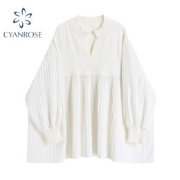Oversized White Knitted Shirt Dress Women Korean Vintage Pleated Crop Midi Dress Ladies Puff Long Sleeve Elegant Sweet Vestidos 210417