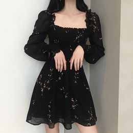 Summer Dress Women Vintage Flower Print Long Sleeve Black Party Korea Casual Mini Beach Boho Elastic Slash Neck 210520