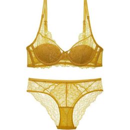 HONVIEY New Yellow Lace Lingerie Push Up Adjusted Straps Bra and Panty Sets Triangle cup Sponge-free Sexy Women's Intimates X0526