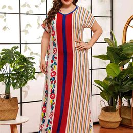 Siskakia Comfortable Viscose print Plus Size Dresses for Women Summer V Neck Short Sleeve Maxi Long Dress Casual Arab Clothing 210331