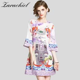 Women Sweet Castle Pattern Print Loose A-line Dress Summer Trend O Neck Flare Sleeve Elegant Casual Party Vestidos Plus Size 210416