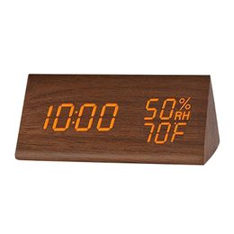 Humidity and Temperature Alarm Clock Triangle Digital Baby Room imitation Wood Mute Luminous LED Electronic Gift 220311