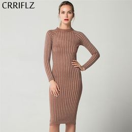 Slim Bright Silk Dress O Neck Knit Long Sleeve For Women Bodycon Pencil Office Lady CRRIFLZ Spring Autumn Collection 210520