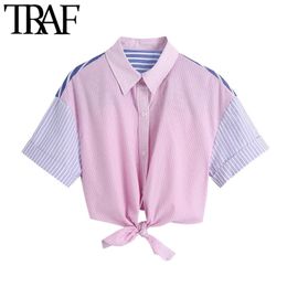 TRAF Women Fashion Patchwork Striped Loose Blouses Vintage Short Sleeve Button-up Knotted Hem Female Shirts Chic Tops 210415