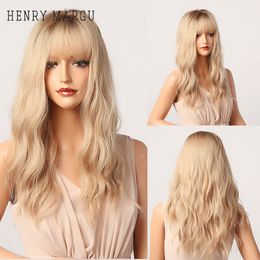 Synthetic Hair Wigs with Bangs Long Wavy Ombre Brown Light Blonde Wig for Black Women Daily Cosplay Heat Resistantfactory direct