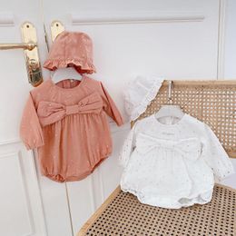 New Cute Newborn Baby Girls Long Sleeve Bodysuit With Bowknot Cotton Girls Jumpsuit And Hat Baby Girls Outfit 210413