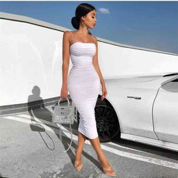 Sexy Women White Dress Slim Elegant Ruched Maxi Dresses Summer Strapless Sexy Bodycon Backless 2 Layer Women Evening Party Dress 210331