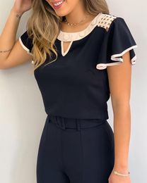 Women Summer Cutout Ruffles Sleeve Contrast Binding Oversize T-shirt Lady Short Sleeve Colorblock Round Neck Plus Size Top 210415