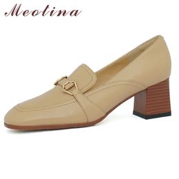 Meotina Women Pumps High Heel Real Leather Shoes Square Toe Buckle Chunky Heels Footwear Female Dress Shoes Spring Beige Size 40 210520