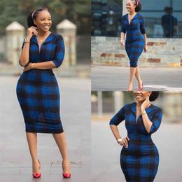 Women's European and American fashion printed V-neck hip dress Office Lady Sheath Plaid Zippers Knee-Length 210416