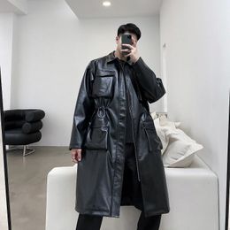 Men's Fashionable Pocket Coats Loose Casual Long Baseball Bomber Jackets PU Leather Motorcycle Moto Black Windbreaker 210524