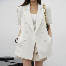 Elegant Cotton Linen Work Blazer Women Summer Short Sleeve Belted Female Suit Jacket Fashion Clothing 210519