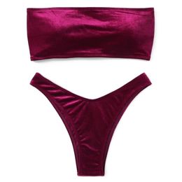 Bathing Suit Women Velvet Thong Bikini Brazilian Swimsuit Solid Sexy Bandeau Swimming Swimwear Female Summer Beachwear 210630