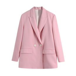 Fashion Spring Notched Double Breasted Jacket Loose Casual Pink Women Blazers Jackets Work Wear Coat 210430