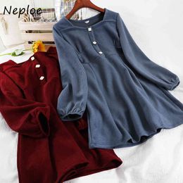 Neploe New Square Collar Design Women Dresses Autumn Fashion Chic Exquisite Button Vestidos Elegant Drawstring Slim Waist Dress 210423