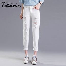Tataria High Waist Ripped Hole Jeans Women Loose Vintage Harem Female Solid Casual Ankle Length Wide Leg Pants 210514