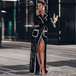Mütevazı Siyah Payetler Ceket Tarzı Abiye Kruvaze Uzun Ceket Balo Abiye Kadın Özel Durum Elbise için Ön Bölünmüş Rüzgarlık