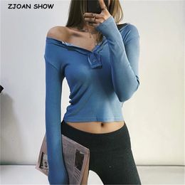 Spring ex-long Sleeve Open Button Round Collar Rib T-shirt Chic Woman Slim Fit t Basic Tee Casual Tops 4 colors 210429