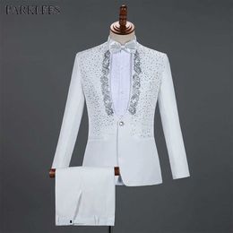 White Sparkly Crystals Embroidery Mens Suits With Pants Wedding Groom Tuxedo Suit Men Stand Collar Stage Costume Homme Mariage X0909