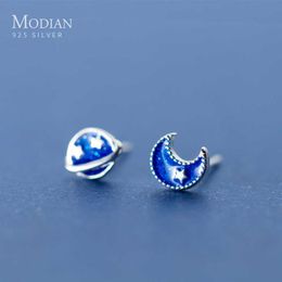 Star & Moon Enamel Blue Galaxy Planet Silver Stud Earrings Charm Cute 925 Sterling Party Jewellery For Women Wedding 210707