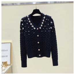 Fashion design women's v-neck long sleeve single breasted beading knitted sweater cardigan tops