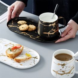 MUZITY Ceramic Milk Mug with Breakfast Plate Porcelain MarbleTea and Saucer One Person Set 220311