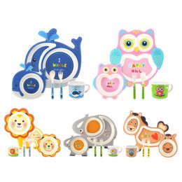 Bamboo Fibre children's tableware set, creative cartoon bowl, grid plate, spoon, fork, cup, five-piece gift 7 styles