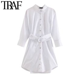 Women Chic Fashion With Belt Button-up Mini Shirt Dress Vintage Three Quarter Sleeves Loose Female Dresses Mujer 210507