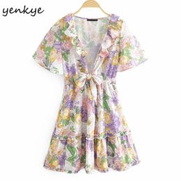 Holiday Summer Dress Women Sweet Ruffle Sexy V Neck Short Sleeve Vestido Mujer A-line Mini Floral Print Boho 210514