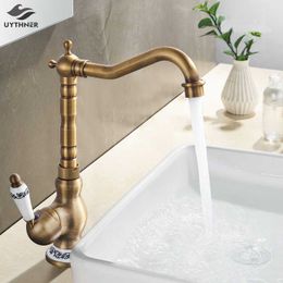 Bath Kitchen Sink Faucets Antique Brass Single Handle Kitchen Basin Faucets Deck Mounted &Cold Water Mixer Basin sink Taps 210724
