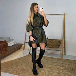 Women Vintage Front Button Sashes A-line PU Dress Three Quarter Sleeve Turn Down Collar Solid Dress Elegant Casual New Dress 210412
