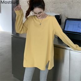 Korean Loose Women T Shirt Tops Autumn Full Sleeve O-neck Splitting Solid Basic Female Fashion Tees T-shirts Femme 210513