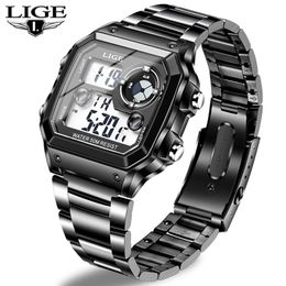 LIGE Sports Men Digital Watch Creative Diving Watches Male Steel Waterproof Wristwatch Alarm Clocks Relogio Masculino 210517