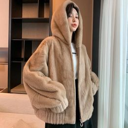 Women's Fur & Faux Imported Velvet Mink Young Overcoats Whole Coat Hooded Short Women