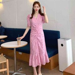 summer Korean temperament V-neck pleated waist slimming fashion dress 210416