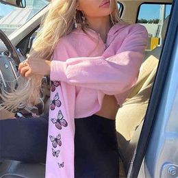 OMSJ Pink Sweet Oversized Hoodie Long Sleeve Front Zipper Loose Sweatshirt Women Streetwear Lovely Crop Top 210517