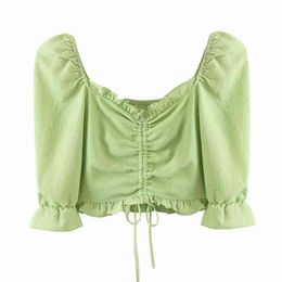 Elegant Women Square Collar Shirts Fashion Ladies Ruffles Drawstring Short Tops Sweet Female Chic Puff Sleeve Blouses 210430