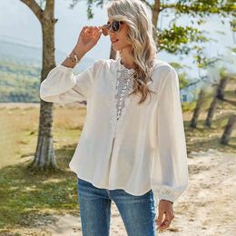 Spring Women White Blouses O Neck Floral Lace Patchwork Long Sleeve Sexy Hollow Out Tunic Shirt Casual Loose Solid Office Blusas 210412