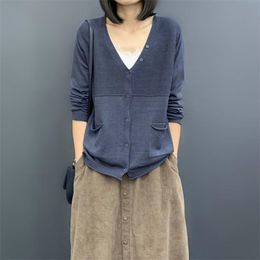 Women Loose Thin Literary Sweaters Solid Single-breasted Long-sleeved Knitted Cardigan Jumpers Female Spring Summer 210427