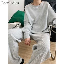 Bornladies Autumn Women Waffle Cotton Sweatshirt Suit Oversized Sets Female Loose + Long Pants Suits Short 210930