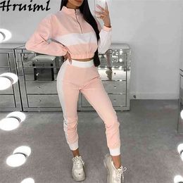 Casual 2 Piece Women Sets Long Sleeve Autumn Crop Tops Zippers Ankle-Length Pants Fashion Sportswear Ladies Solid 210513