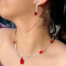 CWWZircons Shiny Red Water Drop Cubic Zirconia Women Party Necklace Earrings Set Brazillian Gold Wedding Bridal Jewelry T551