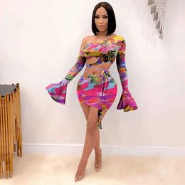 Sexy Print Off Shoulder Flare Sleeve Lace Up Bandage Crop Top Mini Skirt Set Two Piece Set Party Clubwear Matching Set Outfits X0709