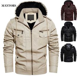 Winter Men PU Leather Jackets Warm Fleece Casual Hooded Coat Mens Motorcycle Biker Outerwear Jacket Multi-pocket US Size 211009