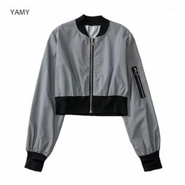 Womens Reflective Jacket Long Sleeved Thin Bomber Punk Style Rockroll Chic Shining Coat Zipper Outwear 20211