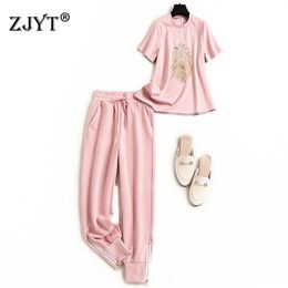 Fashion Summer Women's Tracksuit 2 Piece Sets Outfits Casual Short Sleeve Sequined T-Shirt Top and Pants Suit Female Clothing 210601