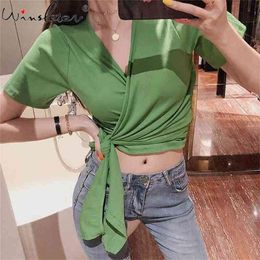 Cotton Womens Tshirts Summer V Neck Short Crop Tops Korean Hipster Casual Backless Bow Tie T Shirt Women Clothing T04106B 210421