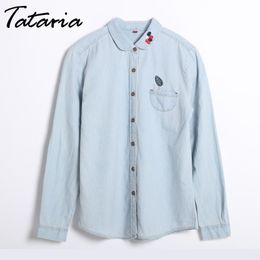 Denim Shirt Women With Embroidery Long Sleeve Womens Tops And Blouses For Woman Shirts Turn Down Collar Blusa Jeans Feminina 210514