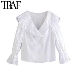TRAF Women Fashion With Embroidery Trims White Blouses Vintage V Neck Long Sleeve Female Shirts Blusas Chic Tops 210415