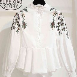 Korean Fashion Womens Blouses White Shirt Clothing Long Sleeve Shirts Ladies Tops Embroidery Stand 2807 50 210415